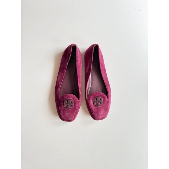 TORY BURCH Wine Burgundy Suede Leather Plastic Logo Driving Loafers, Size 9 - Picture 1 of 13